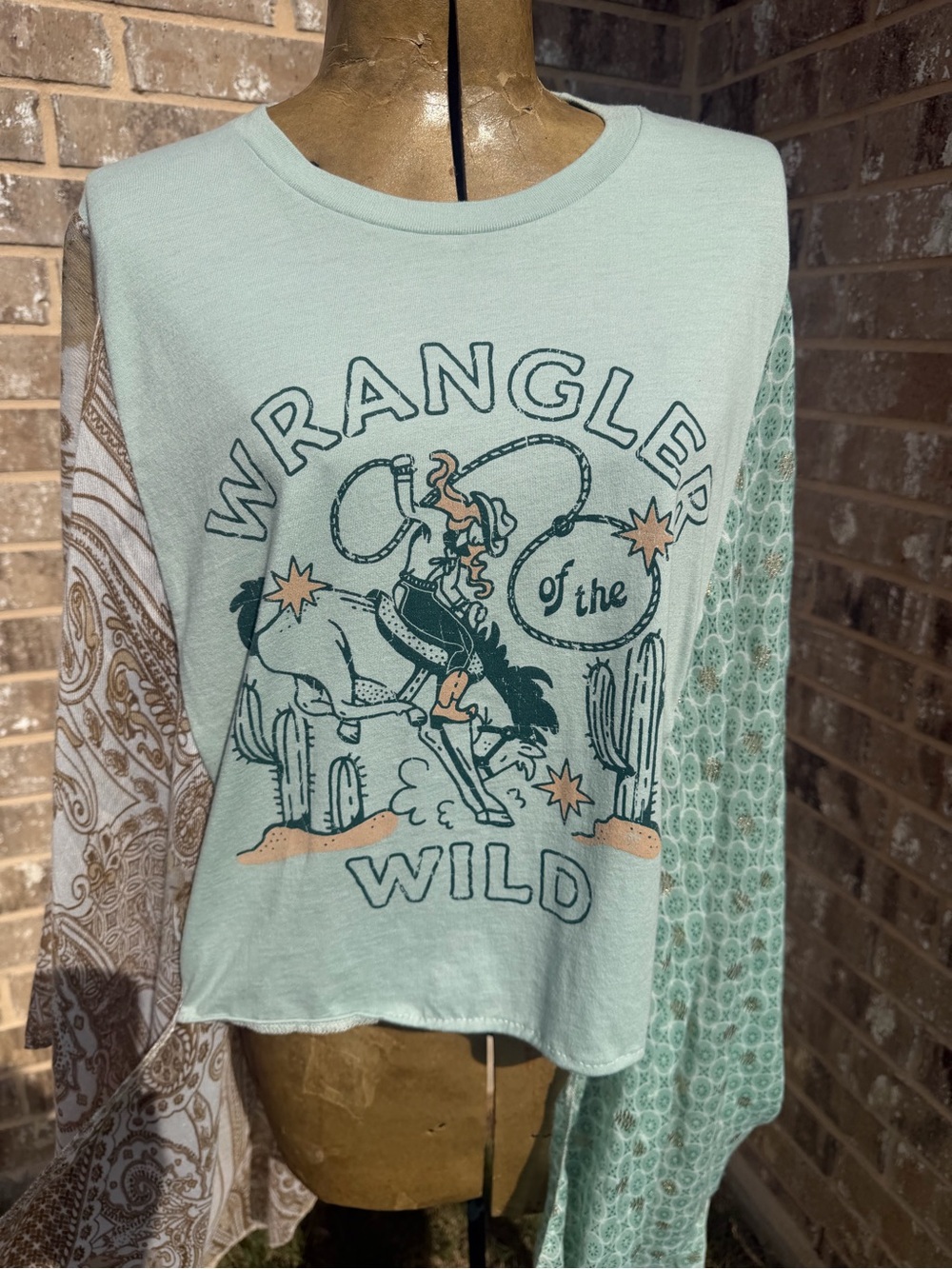 Handmade Graphic Western Tee with Patterned Scarf Sleeves